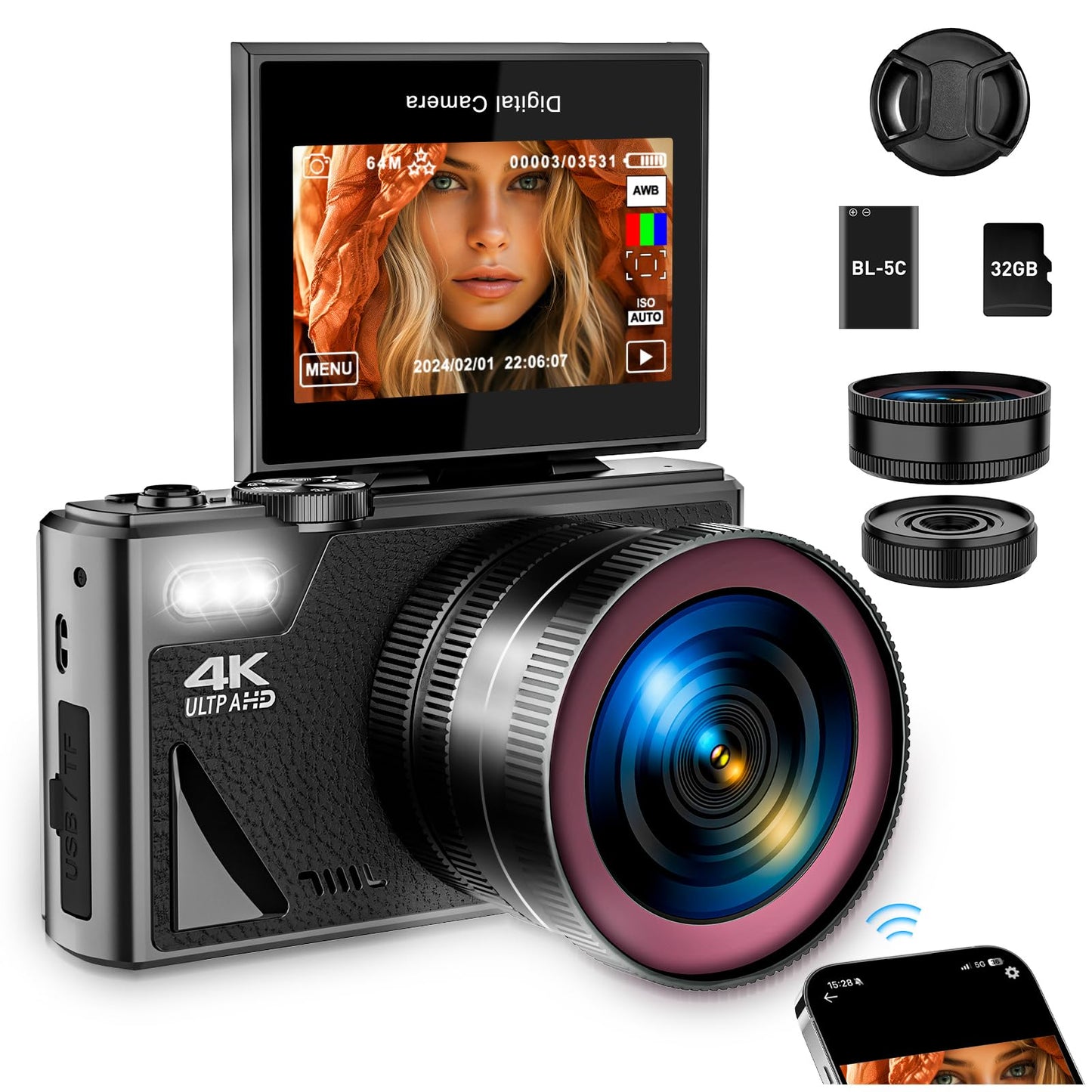 4K Digital Camera for Photography WiFi Autofocus 64MP Vlogging Camera for YouTube with Super Wide-Angle & Macro Lens 3" 180° Flip Screen Video Compact Travel Camera for Beginner Black